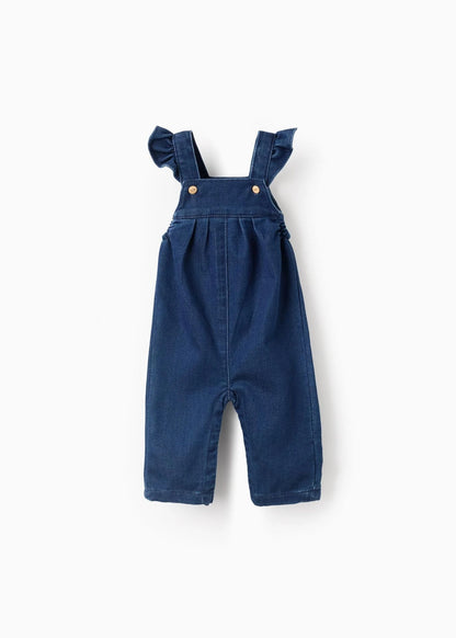 Jardineiras de Ganga com Folhos para Recém-Nascida, Azul