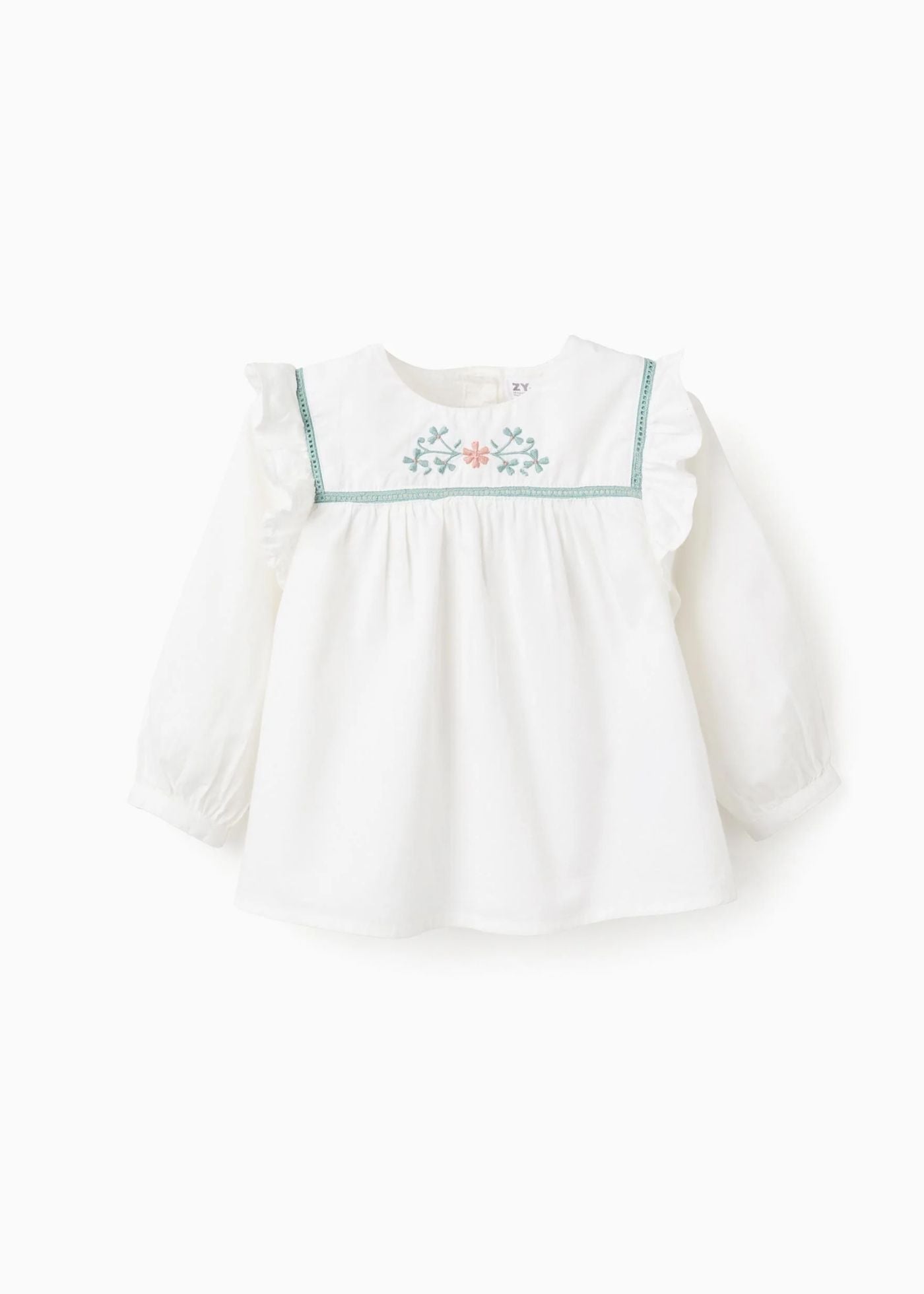 Camisa de Sarja Leve com Bordados de Flores para Bebé Menina, Branco