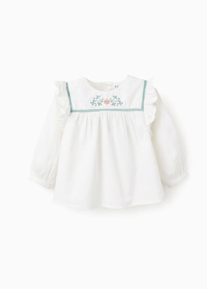 Camisa de Sarja Leve com Bordados de Flores para Bebé Menina, Branco