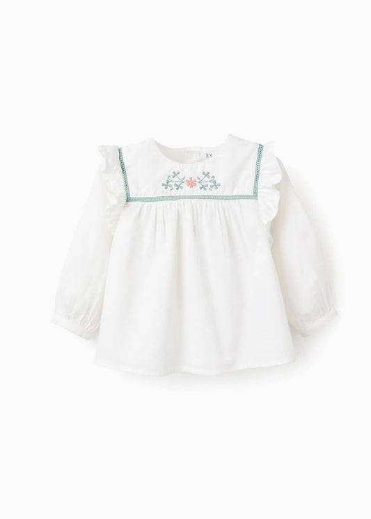 Camisa de Sarja Leve com Bordados de Flores para Bebé Menina, Branco