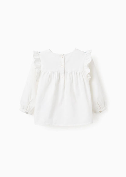 Camisa de Sarja Leve com Bordados de Flores para Bebé Menina, Branco