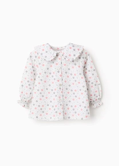 Camisa de Algodão Floral para Bebé Menina, Branco/Rosa/Verde