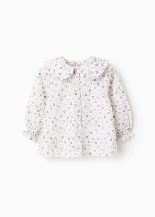 Camisa de Algodão Floral para Bebé Menina, Branco/Rosa/Verde