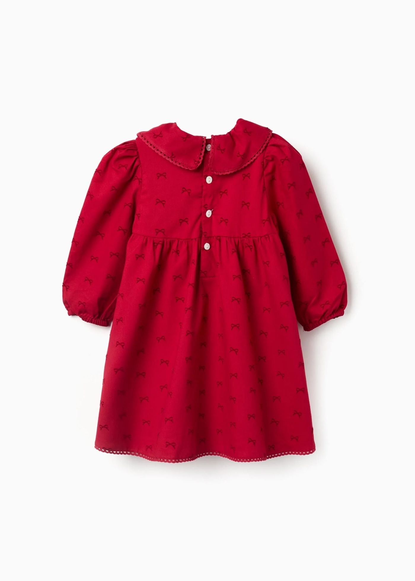 Vestido de sarja com motivo de laços de veludo para bebé menina, vermelho