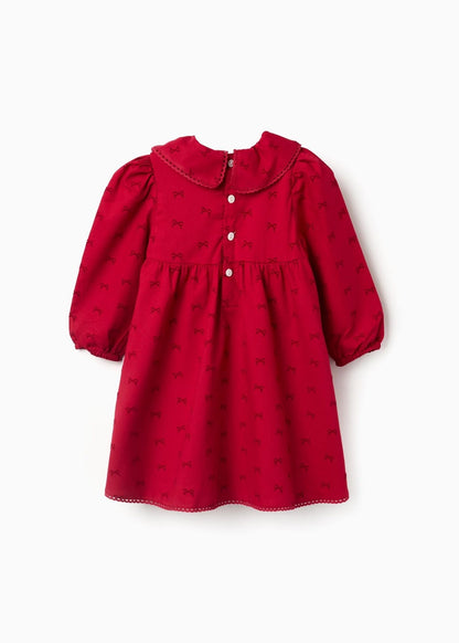 Vestido de sarja com motivo de laços de veludo para bebé menina, vermelho