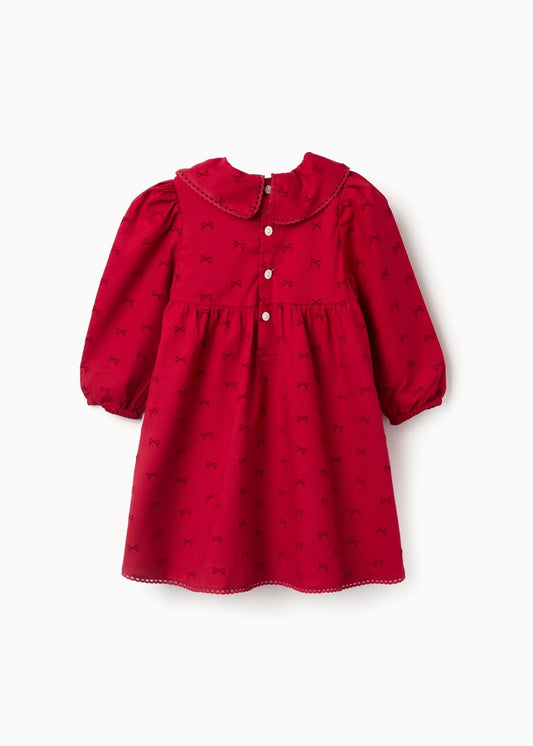 Vestido de sarja com motivo de laços de veludo para bebé menina, vermelho