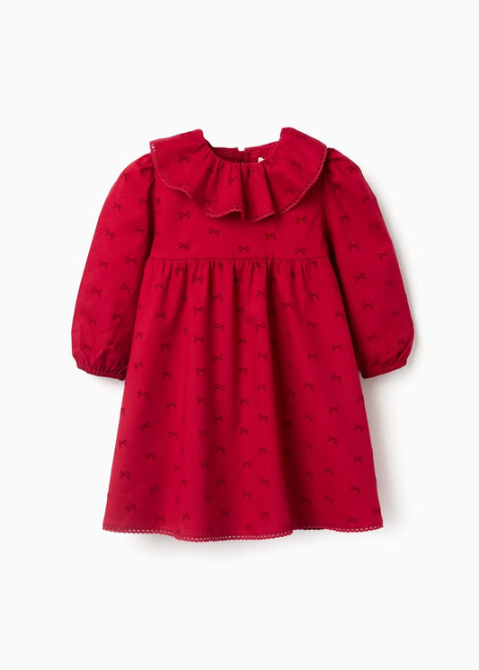 Vestido de sarja com motivo de laços de veludo para bebé menina, vermelho