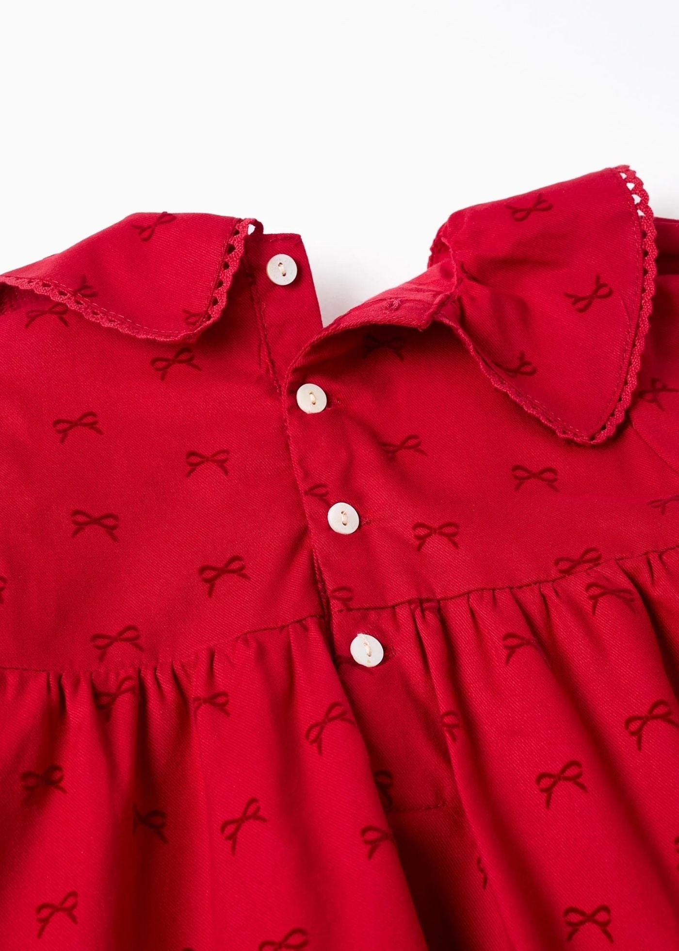 Vestido de sarja com motivo de laços de veludo para bebé menina, vermelho