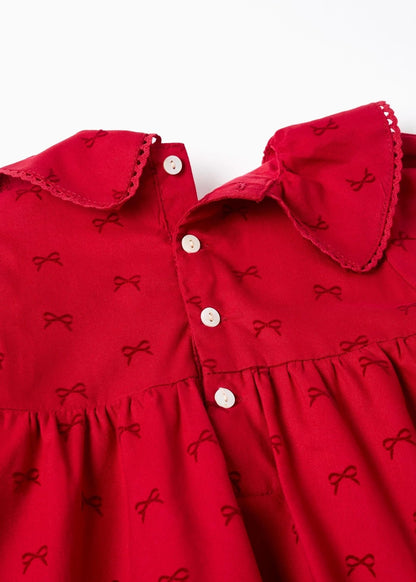 Vestido de sarja com motivo de laços de veludo para bebé menina, vermelho