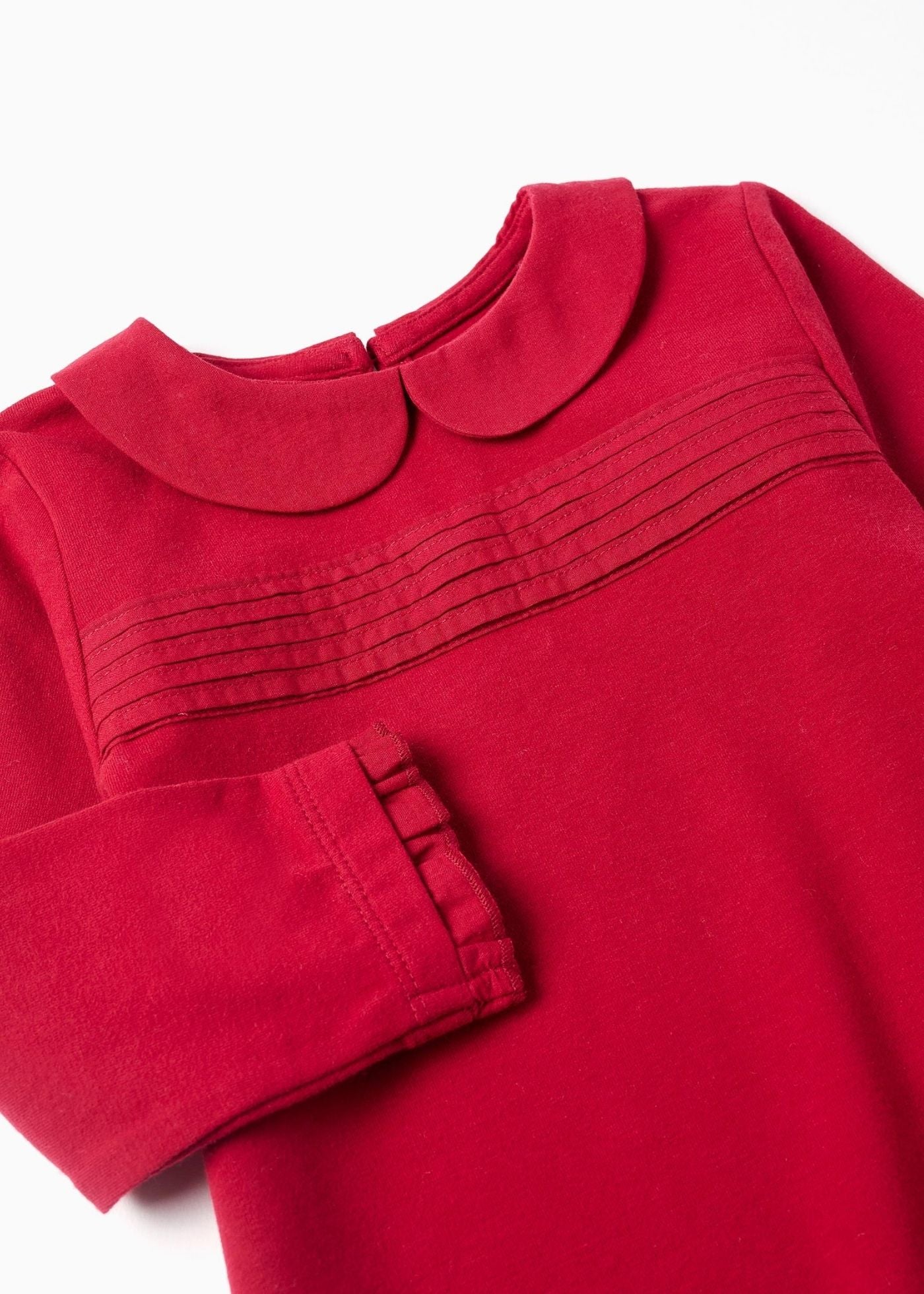 T-shirt de manga comprida com plissado e folhos para bebé menina, vermelho