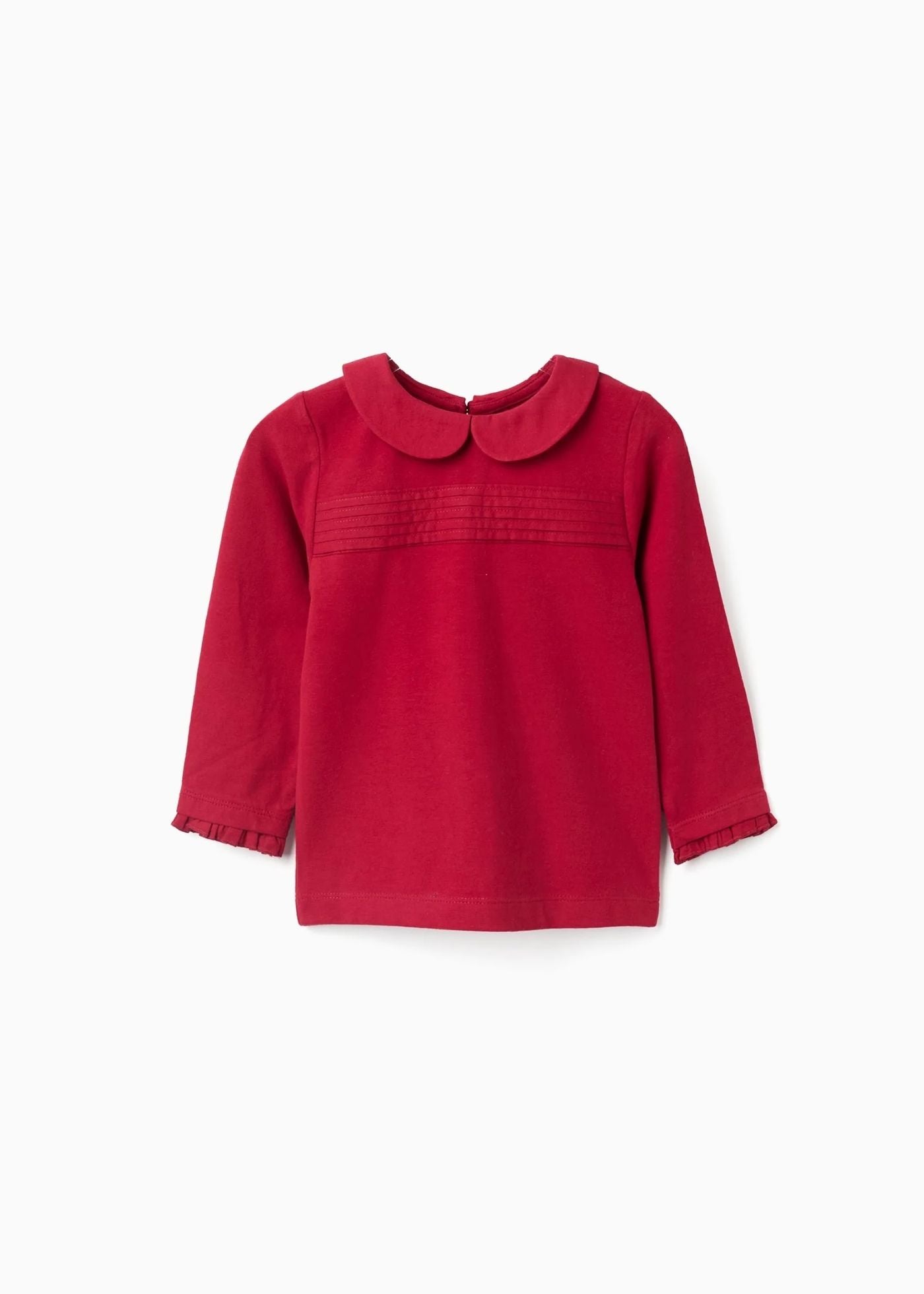 T-shirt de manga comprida com plissado e folhos para bebé menina, vermelho