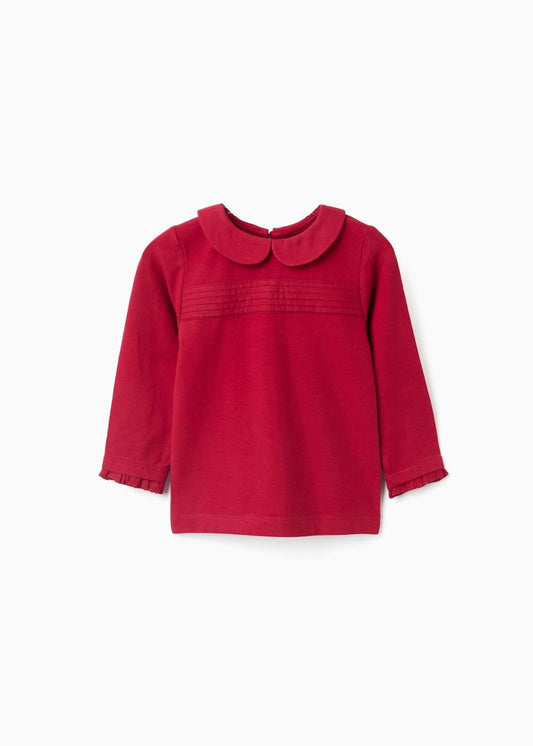 T-shirt de manga comprida com plissado e folhos para bebé menina, vermelho