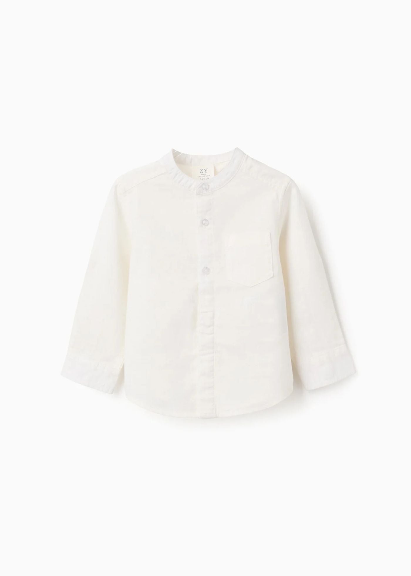 Camisa de manga comprida em linho com gola mao para bebé menino, branco
