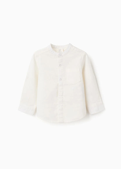 Camisa de manga comprida em linho com gola mao para bebé menino, branco