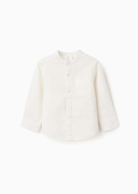 Camisa de manga comprida em linho com gola mao para bebé menino, branco