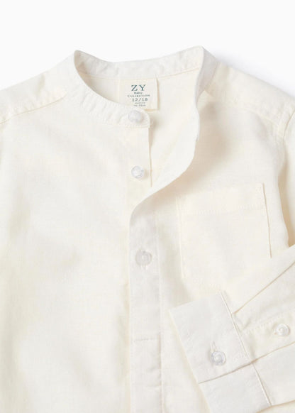 Camisa de manga comprida em linho com gola mao para bebé menino, branco