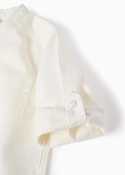 Camisa de manga comprida em linho com gola mao para bebé menino, branco