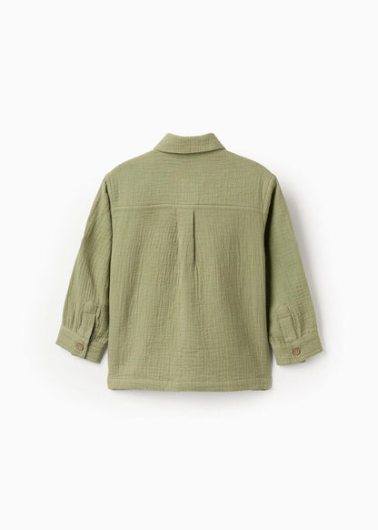 Camisa em bambula de algodão com bolsos para bebé menino, verde-escuro