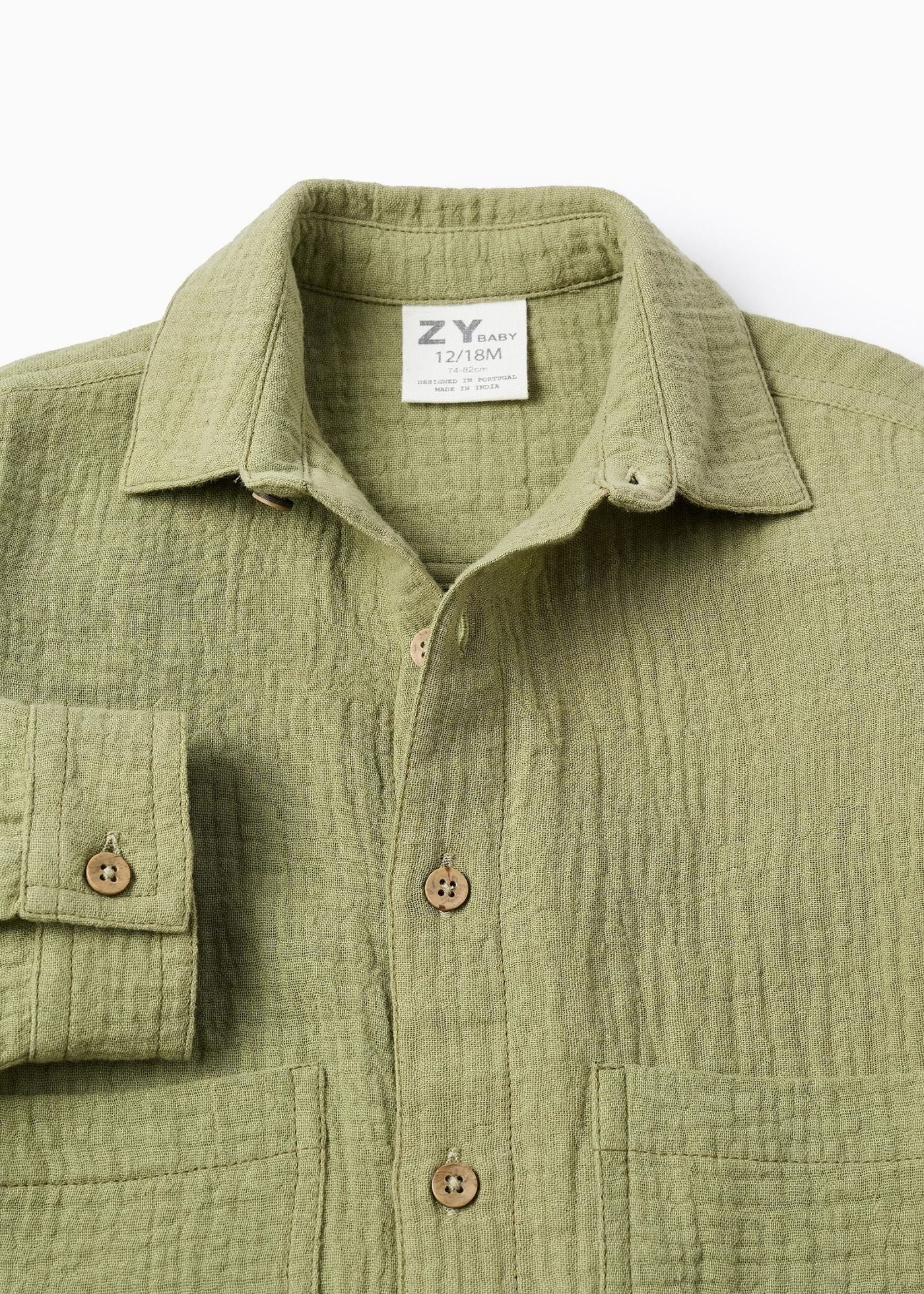 Camisa em bambula de algodão com bolsos para bebé menino, verde-escuro
