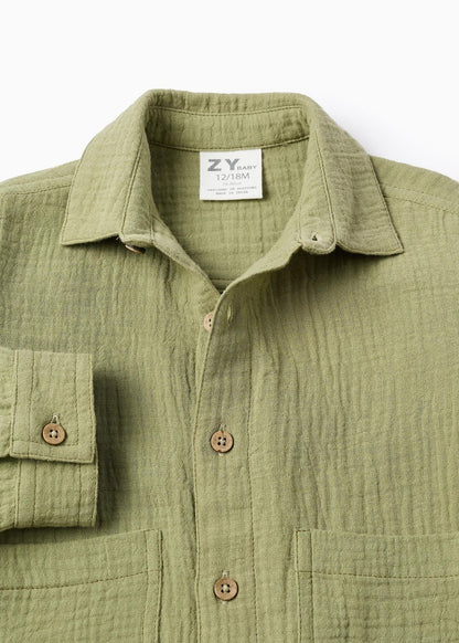 Camisa em bambula de algodão com bolsos para bebé menino, verde-escuro