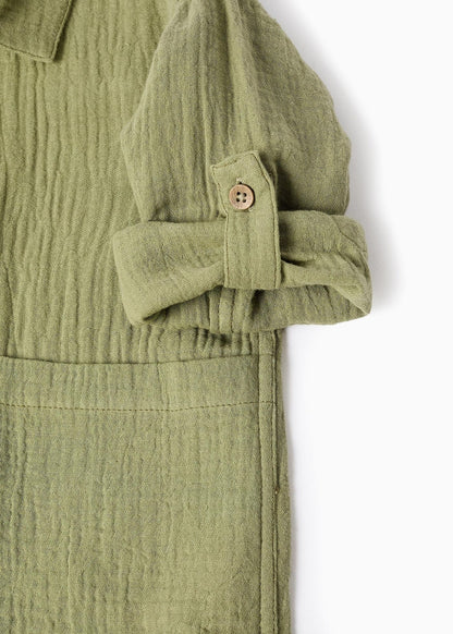 Camisa em bambula de algodão com bolsos para bebé menino, verde-escuro