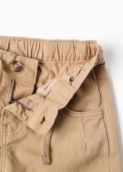 Calças de sarja baggy com cordão para bebé menino, bege