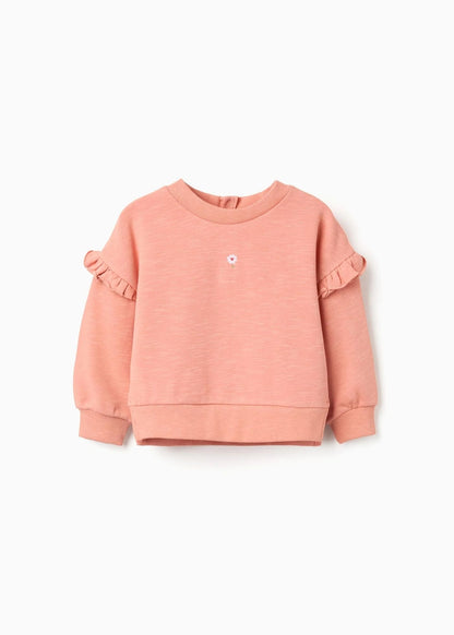 Sweat de algodão com folhos e bordado para bebé menina, laranja-salmão