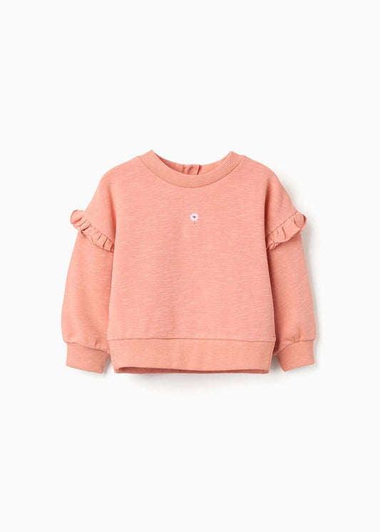 Sweat de algodão com folhos e bordado para bebé menina, laranja-salmão