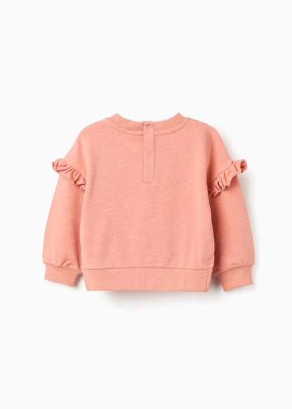 Sweat de algodão com folhos e bordado para bebé menina, laranja-salmão