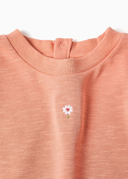 Sweat de algodão com folhos e bordado para bebé menina, laranja-salmão