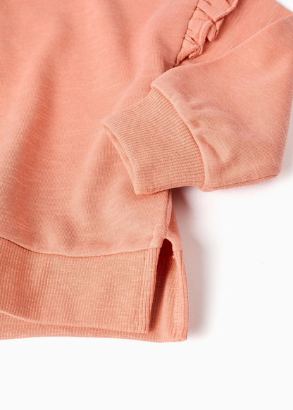 Sweat de algodão com folhos e bordado para bebé menina, laranja-salmão