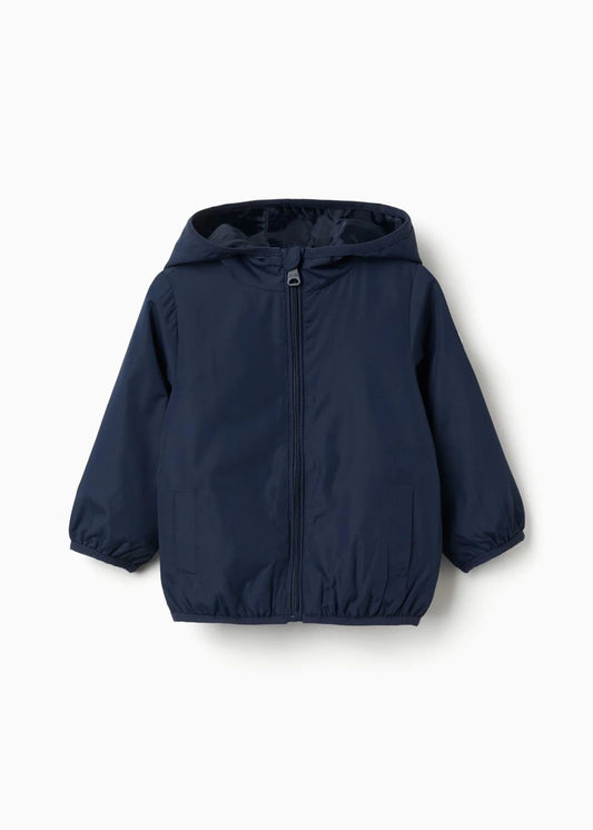 Casaco corta-vento com capuz e bolsos para bebé menino, azul-escuro