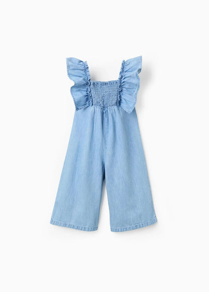 Macacão de ganga wide leg com folhos para bebé menina, azul