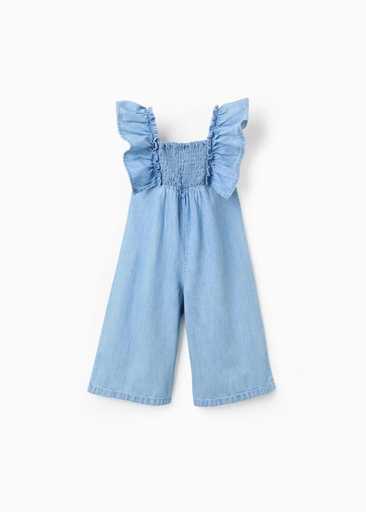 Macacão de ganga wide leg com folhos para bebé menina, azul