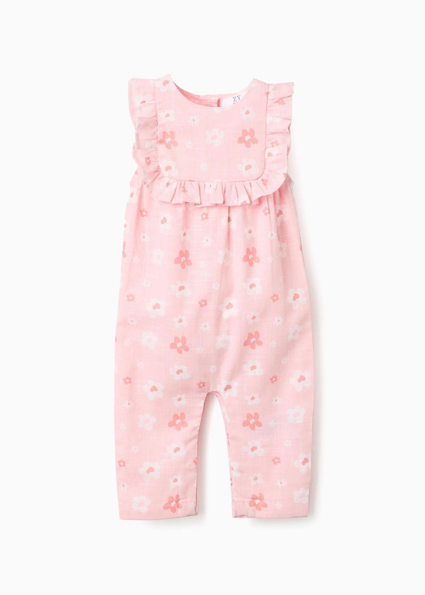 Macacão de algodão com flores e folhos para recém-nascida, rosa/branco