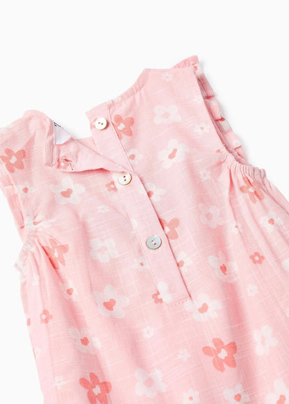 Macacão de algodão com flores e folhos para recém-nascida, rosa/branco
