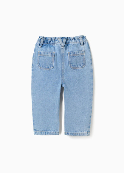 Calças de ganga wide leg com cintura paperbag para bebé menina, azul-claro
