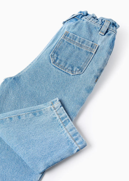 Calças de ganga wide leg com cintura paperbag para bebé menina, azul-claro