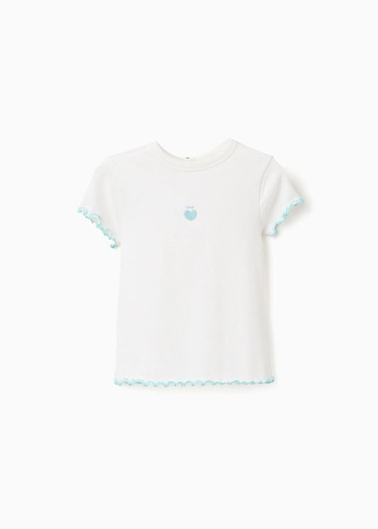 T-shirt canelada com extremidades onduladas para bebé menina, branco/azul