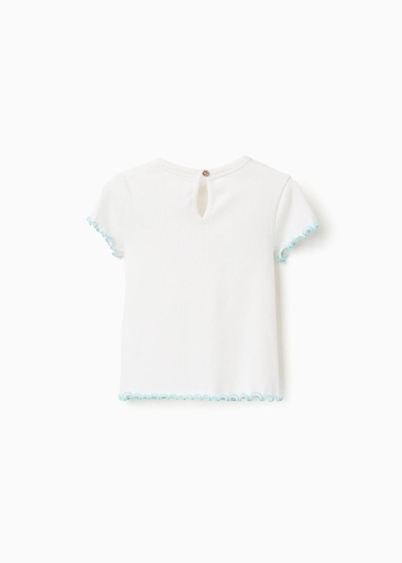 T-shirt canelada com extremidades onduladas para bebé menina, branco/azul