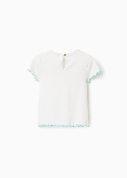 T-shirt canelada com extremidades onduladas para bebé menina, branco/azul