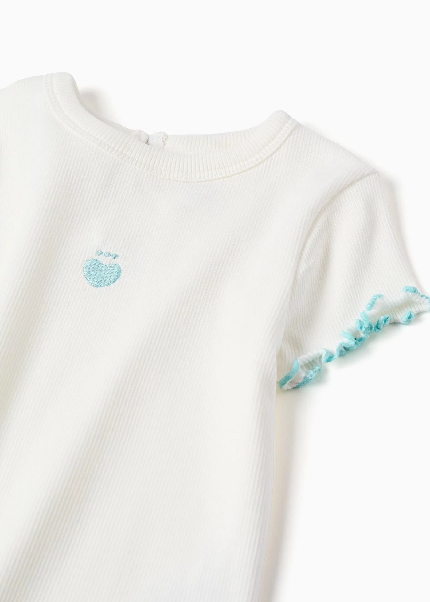T-shirt canelada com extremidades onduladas para bebé menina, branco/azul