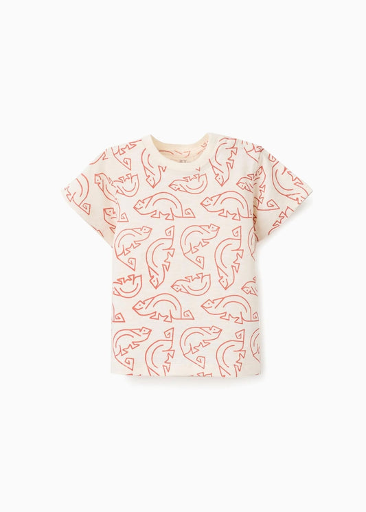 T-shirt de algodão com motivo camaleão para bebé menino, bege/laranja