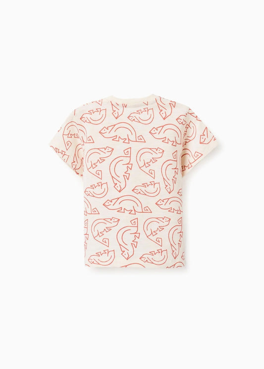 T-shirt de algodão com motivo camaleão para bebé menino, bege/laranja