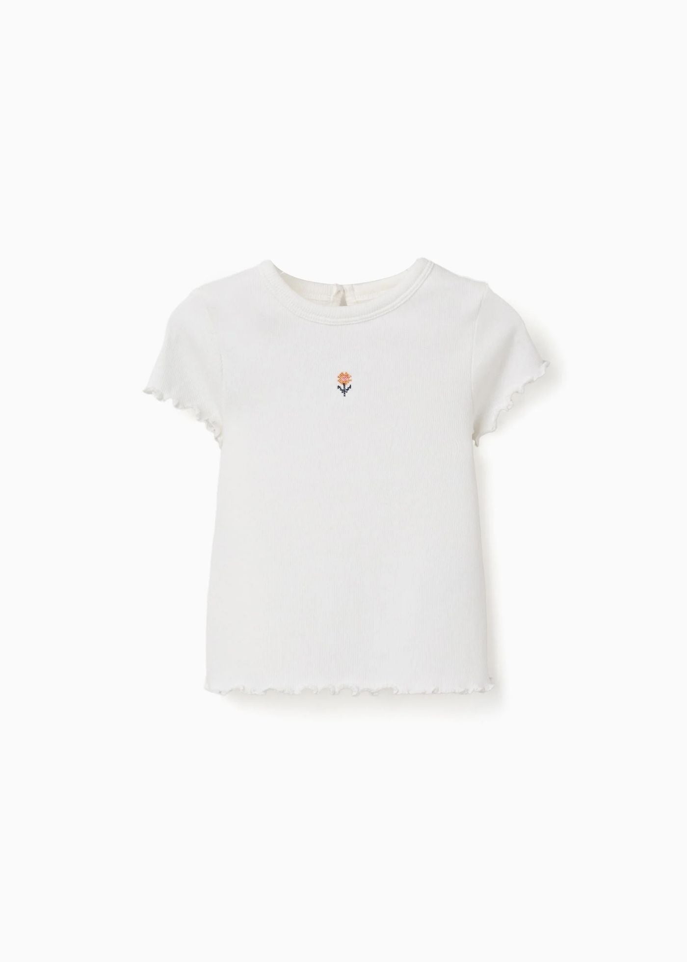 T-shirt canelada com flor bordada para bebé menina, branco