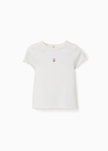 T-shirt canelada com flor bordada para bebé menina, branco
