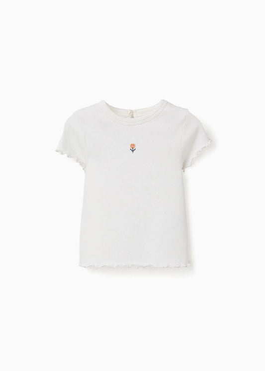 T-shirt canelada com flor bordada para bebé menina, branco