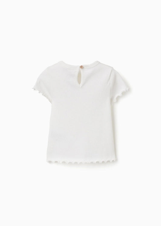 T-shirt canelada com flor bordada para bebé menina, branco