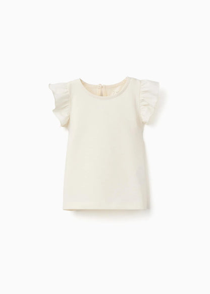 T-shirt com folhos e gola redonda para bebé menina, bege-claro