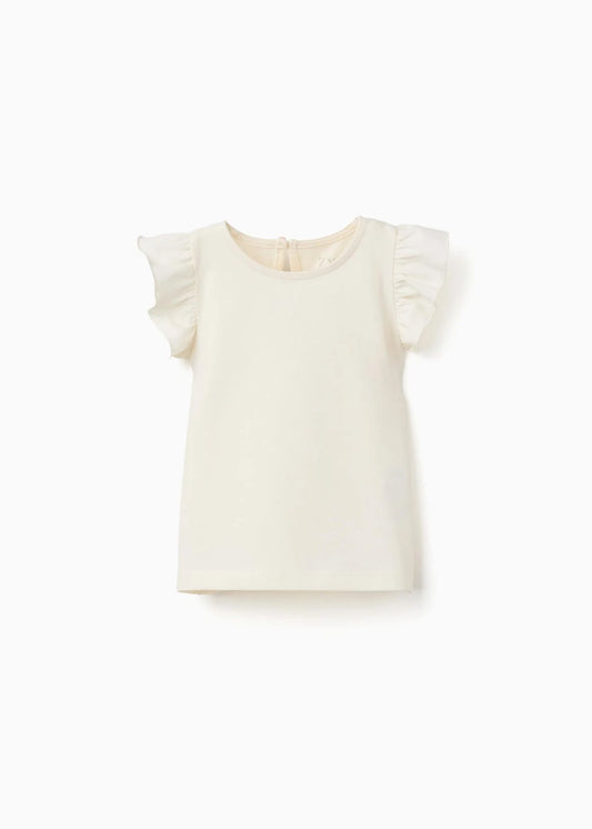 T-shirt com folhos e gola redonda para bebé menina, bege-claro